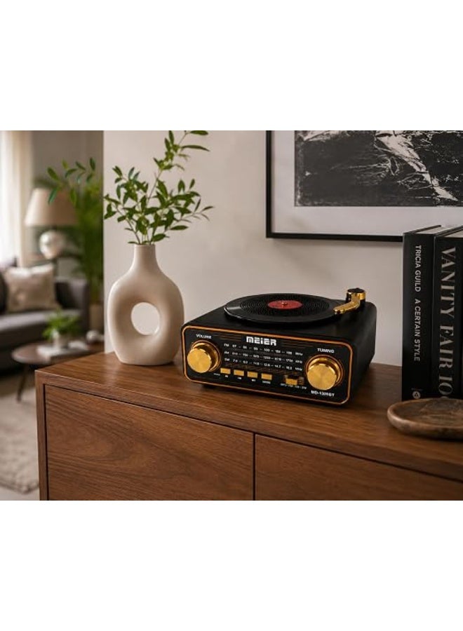 Meier Portable Vinyl Record Player with Bluetooth and Radio – Supports FM/AM/SW, USB, and TF – Premium Classic Black Design - Image 5
