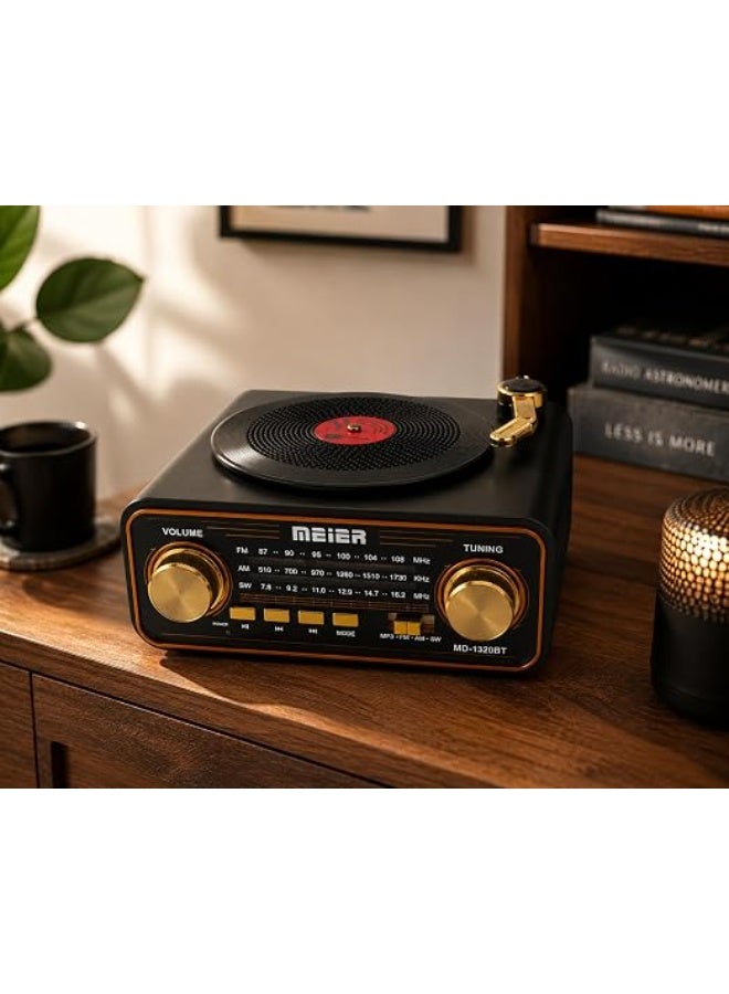 Meier Portable Vinyl Record Player with Bluetooth and Radio – Supports FM/AM/SW, USB, and TF – Premium Classic Black Design - Image 3