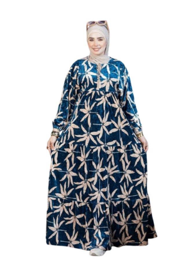 دريس نسائي قطيفة مشجر أنيق – تصميم محتشم ومريح بخامة بسكوته فاخرة – إطلالة شتوية أنثوية تناسب الخروج اليومي والمناسبات - Image 1