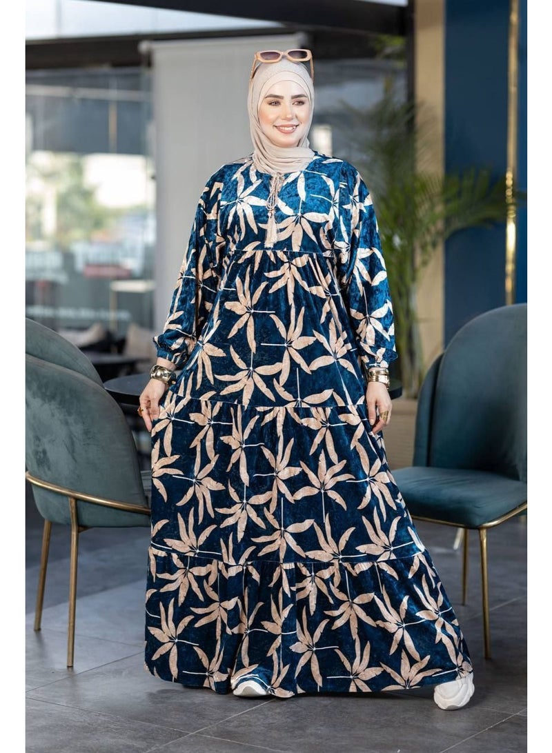 دريس نسائي قطيفة مشجر أنيق – تصميم محتشم ومريح بخامة بسكوته فاخرة – إطلالة شتوية أنثوية تناسب الخروج اليومي والمناسبات - Image 2