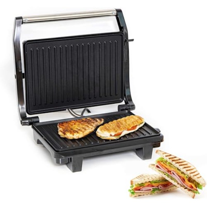 Hot press grill maker for sandwiches, stainless steel, silver, high-power 800W with indicator light, overheating protection, non-stick plates, vertical storage, pilot system - Image 1