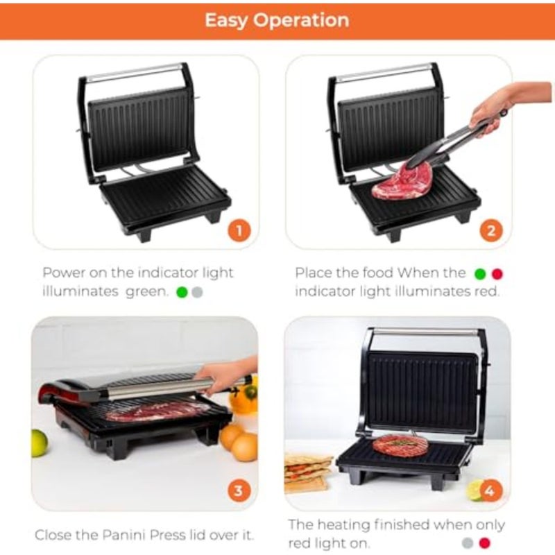 Hot press grill maker for sandwiches, stainless steel, silver, high-power 800W with indicator light, overheating protection, non-stick plates, vertical storage, pilot system - Image 4