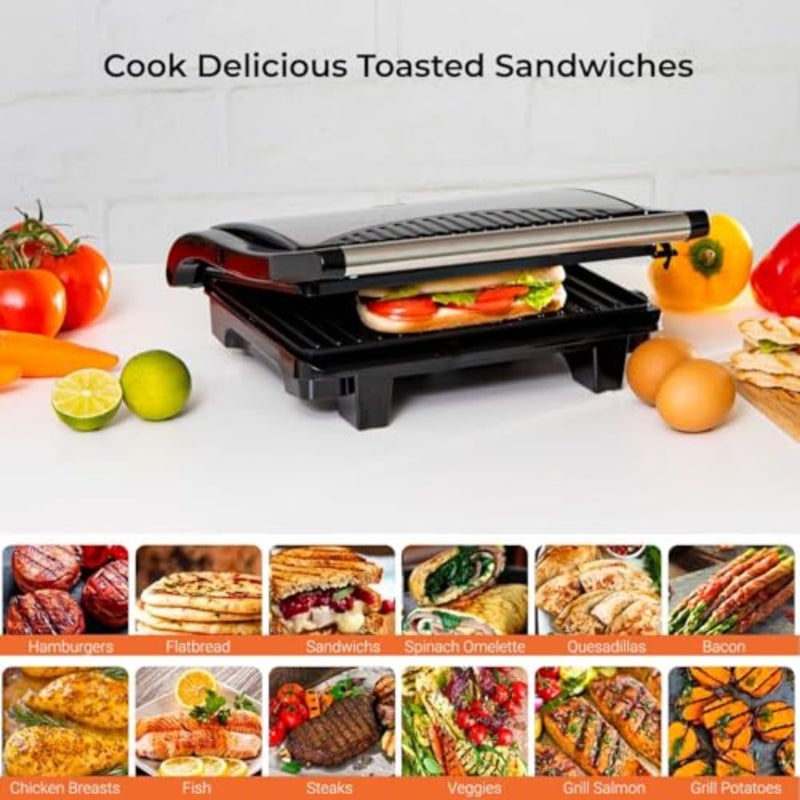 Hot press grill maker for sandwiches, stainless steel, silver, high-power 800W with indicator light, overheating protection, non-stick plates, vertical storage, pilot system - Image 3