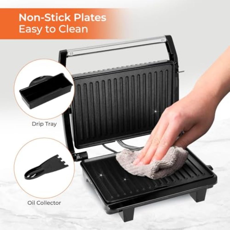 Hot press grill maker for sandwiches, stainless steel, silver, high-power 800W with indicator light, overheating protection, non-stick plates, vertical storage, pilot system - Image 5