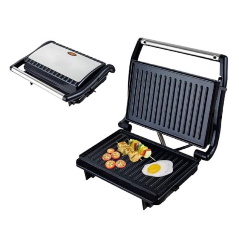 Hot press grill maker for sandwiches, stainless steel, silver, high-power 800W with indicator light, overheating protection, non-stick plates, vertical storage, pilot system - Image 2