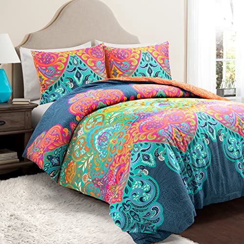 Lush Decor Boho Chic Reversible Cotton Duvet Cover King Size 3 Piece Set Turquoise Navy Colorful Bedding Set King Duvet Cover Boho Bedroom Decor - Image 1
