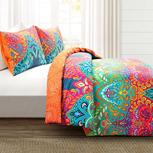 Lush Decor Boho Chic Reversible Cotton Duvet Cover King Size 3 Piece Set Turquoise Navy Colorful Bedding Set King Duvet Cover Boho Bedroom Decor - Image 3