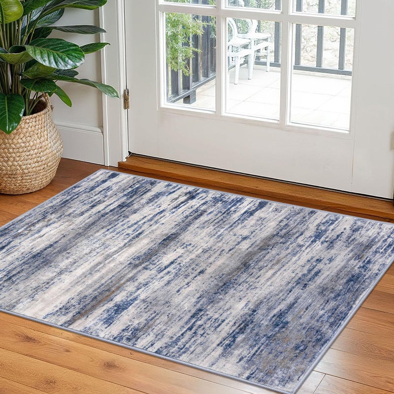 KOZYFLY Modern Abstract Rugs for Entryway 2x3, Washable Kitchen Rug Non-Slip Soft Small Area Rug, Grey-Blue Striped Throw Rugs Faux Wool Doormat for Bedside Entrance Bathroom Sink - Image 1