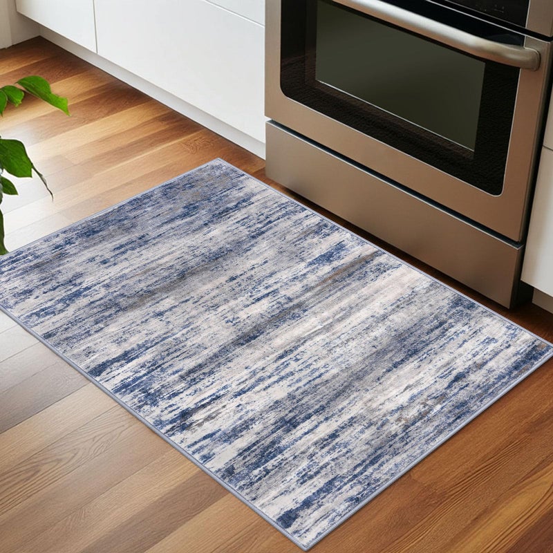 KOZYFLY Modern Abstract Rugs for Entryway 2x3, Washable Kitchen Rug Non-Slip Soft Small Area Rug, Grey-Blue Striped Throw Rugs Faux Wool Doormat for Bedside Entrance Bathroom Sink - Image 3