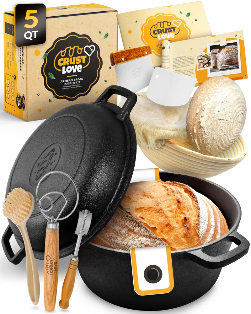 CRUSTLOVE Cast Iron Dutch Oven for Bread Baking - incl. Sourdough Bread-Baking Supplies like Banneton Bread-Proofing Basket - 5QT Bread-Oven with Lid Bread-Making Kit Pan, Pot, Sour Sough Tools, Lame - Image 1