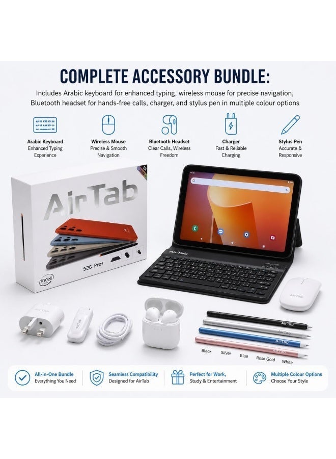 AIR TAB AirTab S26 Pro+ 10.1 Inch Android 15 Tablet PC with Wireless Keyboard Mouse Bluetooth Headset 10000mAh Battery Dual Camera WiFi Arabic Keyboard Bundle (Orange) - Image 2