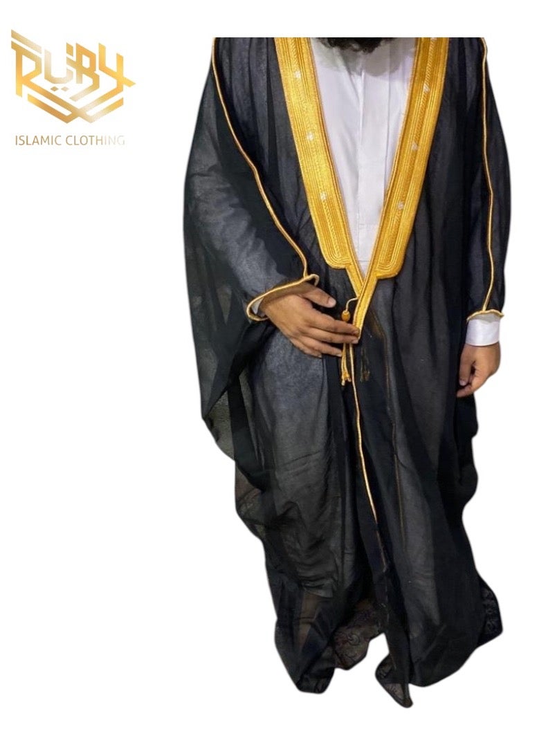 RUBY ISLAMIC CLOTHING Men's Bisht  Robe Muslim Clothes Kimono Loose Abaya Dresses Long Sleeve Embroidered Chiffon Kaftan Casual Formal Dubai Thobe