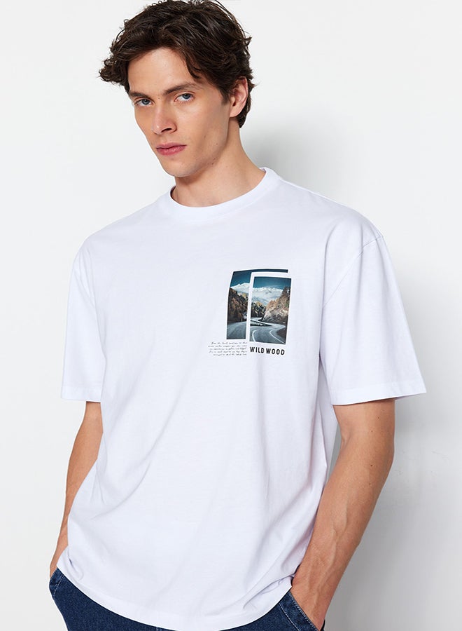 trendyol White Relaxed Fit Crew Neck Short Sleeve Landscape Printed T-Shirt TMNSS23TS00242 - Image 1