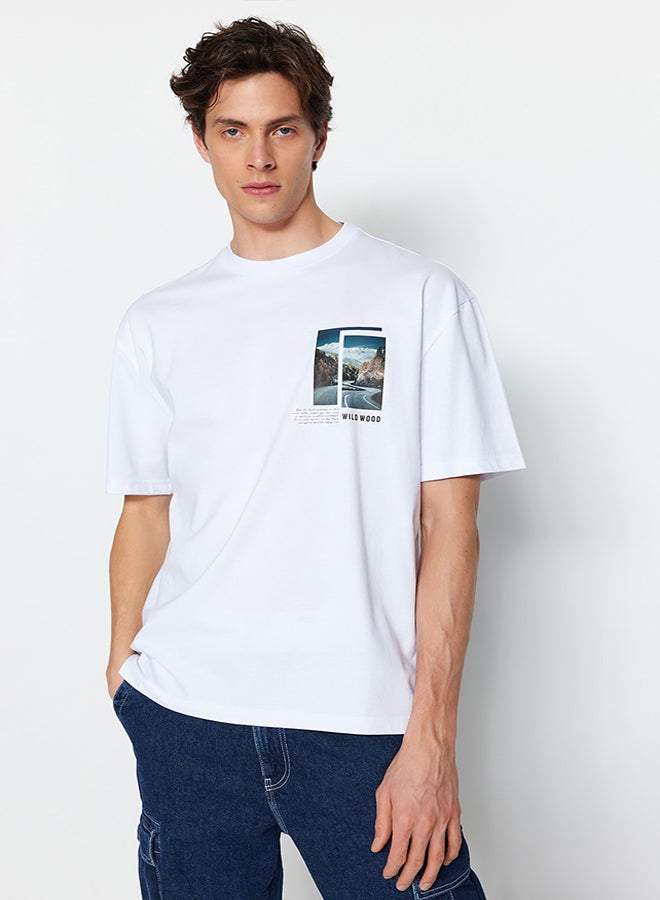 trendyol White Relaxed Fit Crew Neck Short Sleeve Landscape Printed T-Shirt TMNSS23TS00242 - Image 3