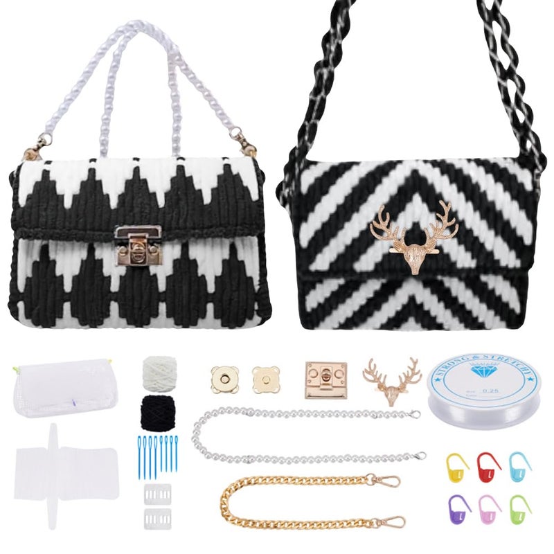FREEBLOSS 2 Set DIY Plastic Canvas Mesh Bag Kit Blank Mesh Canvas Sheets for Embroidery Needlepoint Craft Kit Knit and Crochet Projects Handbag Making Accessories, Black and White - Image 1