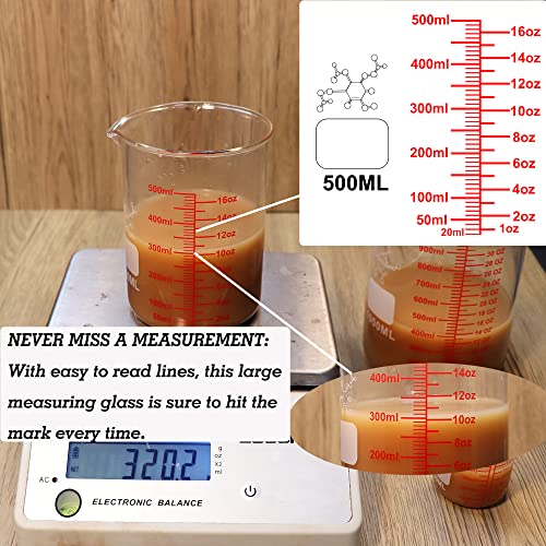 Ackers BORO3.3 High Borosilicate Glass Measuring Cup Set-V-Shaped Spout,Includes 60ml(2OZ), 120ml(4OZ), 250ml(8OZ), 500ml(16OZ), and 1000ml (32OZ) for Kitchen or Restaurant, Easy to Read - Image 3