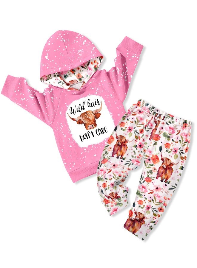 KANGKANG Baby Girl Clothes 18-24 Months Baby Clothes For Girls 18-24 Months Cow Wild Hair Don't Care Hoodie Pullover Cute Floral Print Pants 2Pcs Clothing Fall Winter Clothing Outfits Set - Image 1