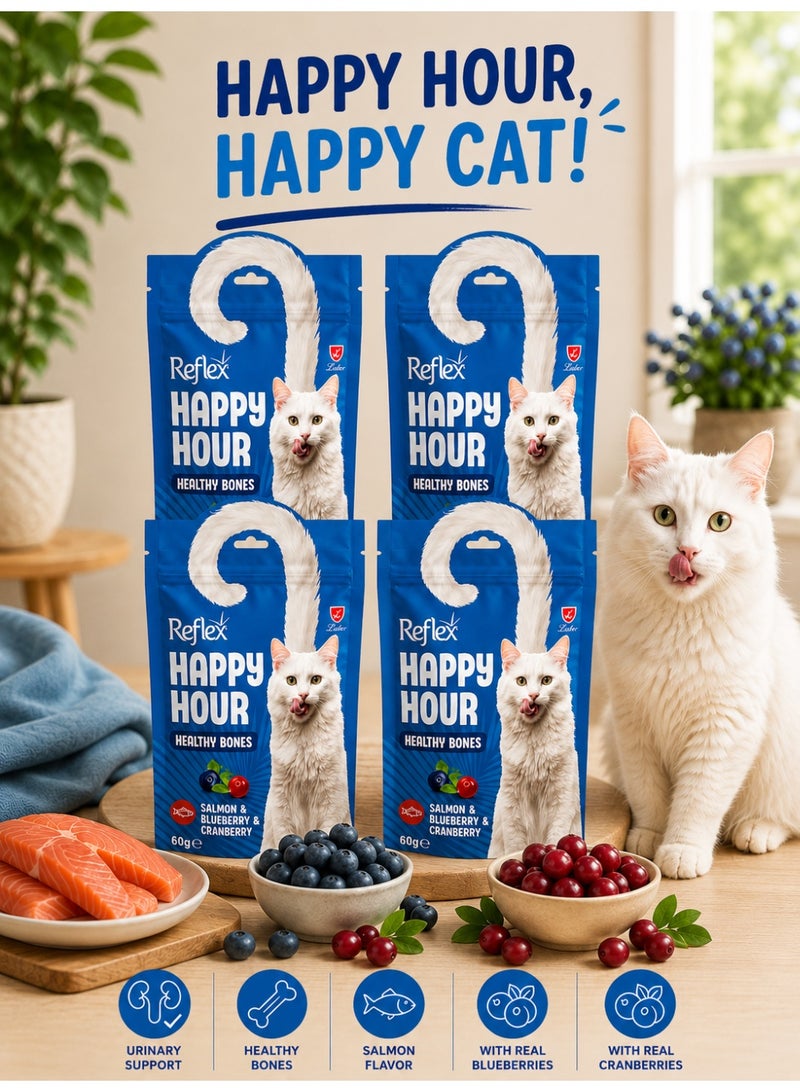 Happy Hour Healthy Bones Cat Treats with Salmon, Blueberry & Cranberry – Soft Creamy Snack for Cats 60g (4 Pack)