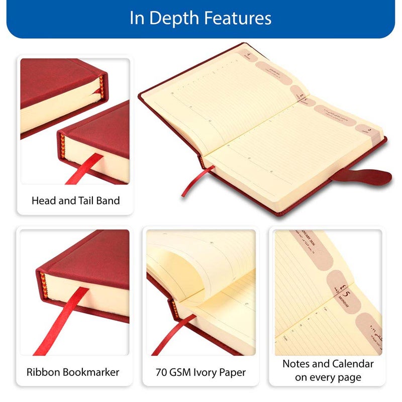 FIS 2026 Agenda Diary, 170x240mm, 1 Side Padded & Sewn Italian PU Cover, Round Corner with Strap Closure, 1 Day a Page, Arabic/English, 70gsm Italian Ivory Paper, Maroon Cover - FSDI75AE26MR - Image 5