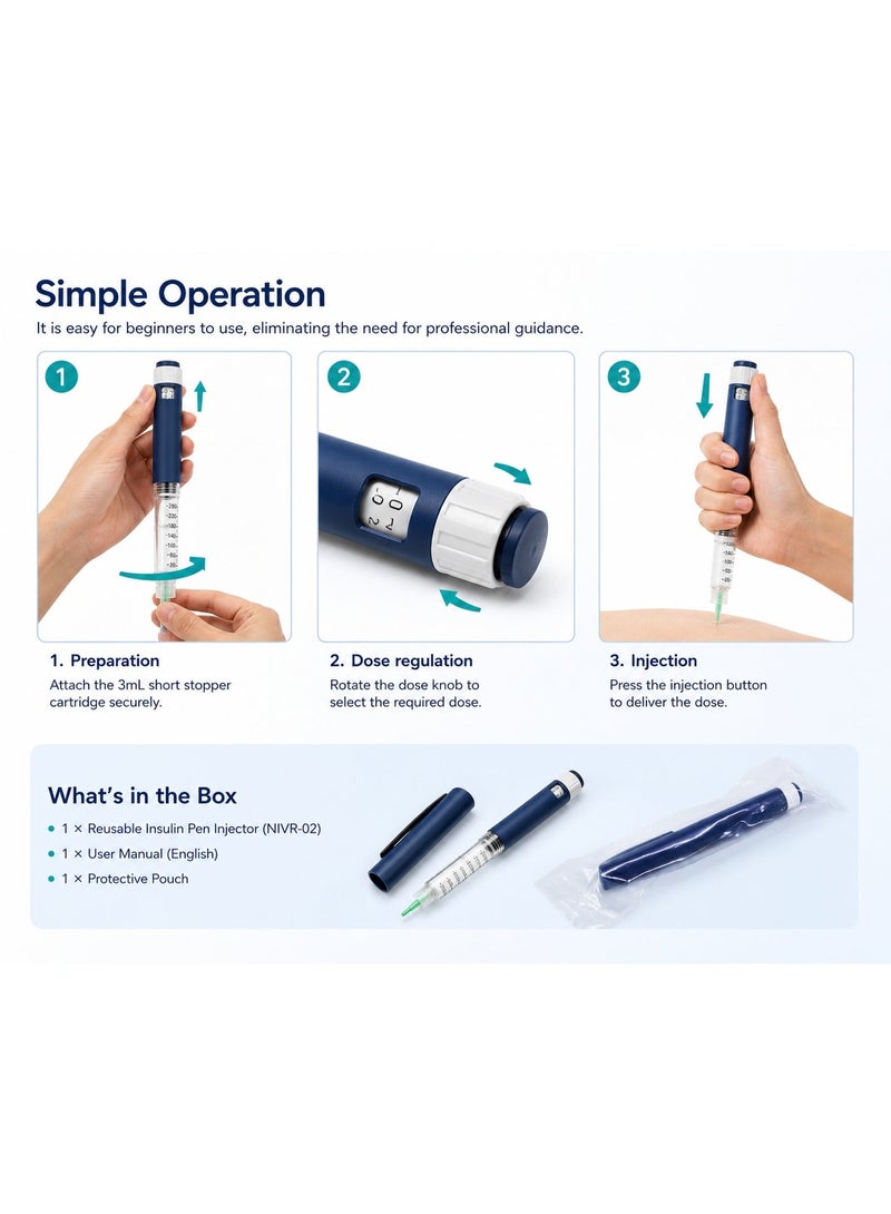 Nest WuxiNest Reusable Insulin Pen Injector NIVR-02, Blue, 60U Max Dose, 0.01mL Min Dose, Compatible with 3mL Short Stopper Cartridges, Precision Dosage Display Window - Image 5