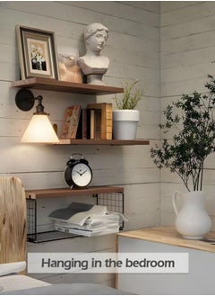 MIXDE 3-Piece Rustic Wood Wall Mounted Floating Shelves with Paper Storage Basket for Bathroom, Bedroom, Living Room, Kitchen  - Image 3