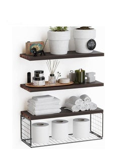 MIXDE 3-Piece Rustic Wood Wall Mounted Floating Shelves with Paper Storage Basket for Bathroom, Bedroom, Living Room, Kitchen  - Image 1