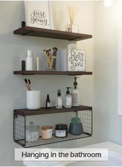 MIXDE 3-Piece Rustic Wood Wall Mounted Floating Shelves with Paper Storage Basket for Bathroom, Bedroom, Living Room, Kitchen  - Image 2