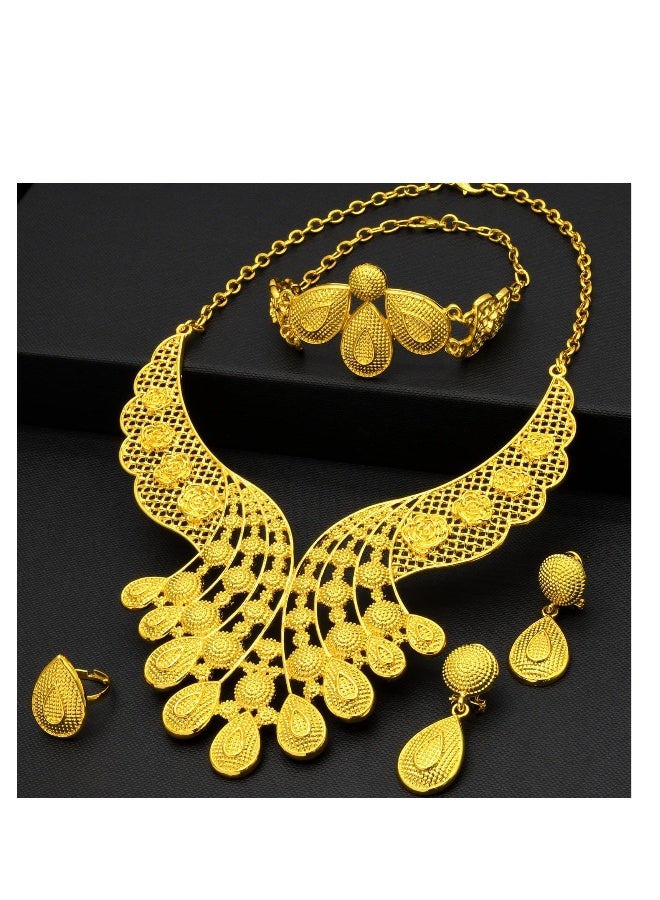 Women Jewelry, 24K Gold Plated Dubai Gold Necklace Earrings Bangle Fashion Wedding Prom Jewelry, Unique and Gorgeous, High-quality Alloy Material, Modern Art Traditional Style - Image 3