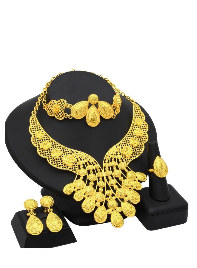 Women Jewelry, 24K Gold Plated Dubai Gold Necklace Earrings Bangle Fashion Wedding Prom Jewelry, Unique and Gorgeous, High-quality Alloy Material, Modern Art Traditional Style - Image 2