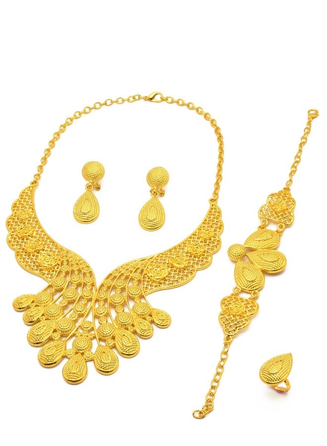 Women Jewelry, 24K Gold Plated Dubai Gold Necklace Earrings Bangle Fashion Wedding Prom Jewelry, Unique and Gorgeous, High-quality Alloy Material, Modern Art Traditional Style - Image 1