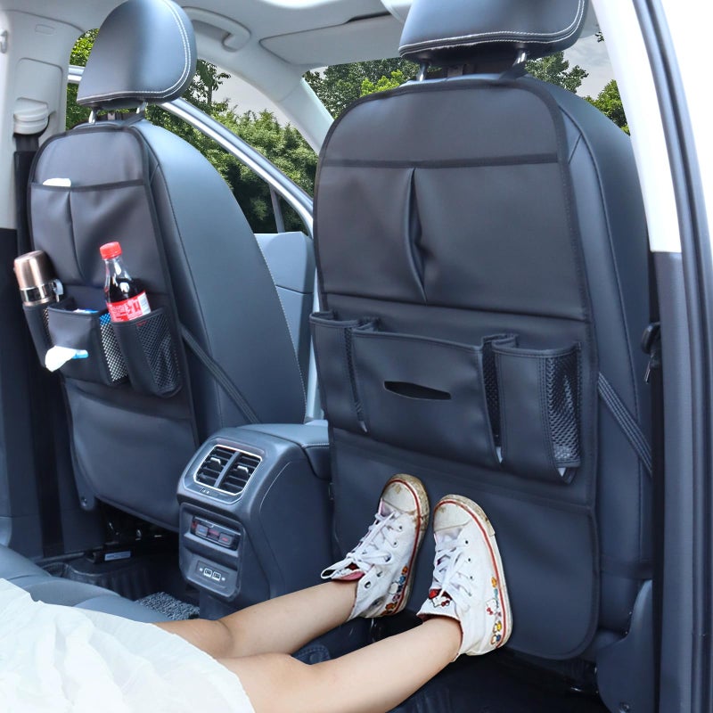 pefirst Car Backseat Organizer for Kids, Car Back Seat Storage Bag With 3 Pockets, 2 Drinks Holders, Water Resistant, Kids Toy Storage Kick Mat Back Seat Protector for Toddlers (Black 1-Pack) - Image 2