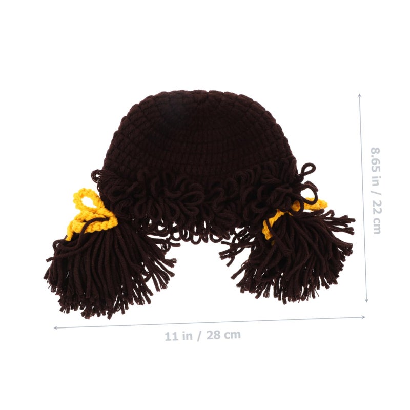 Winter Knit Hat with Wig Decoration Soft Warm Beanie for Boys Daily Wear Coffee Color - Image 3
