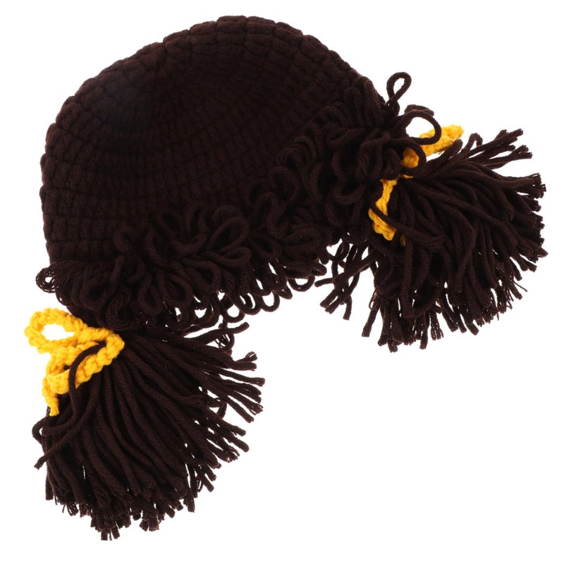 Winter Knit Hat with Wig Decoration Soft Warm Beanie for Boys Daily Wear Coffee Color - Image 2