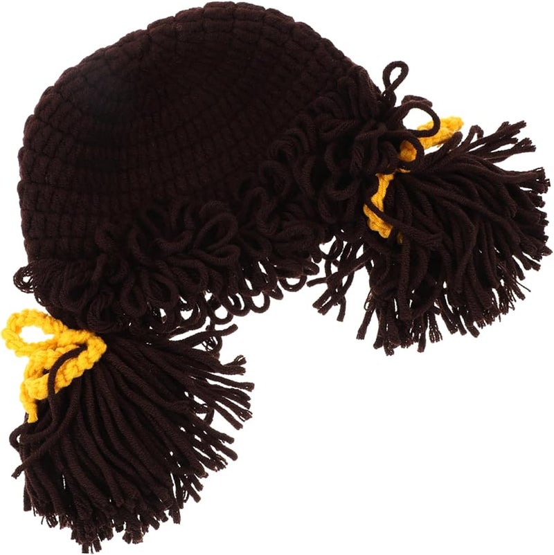 Winter Knit Hat with Wig Decoration Soft Warm Beanie for Boys Daily Wear Coffee Color - Image 1