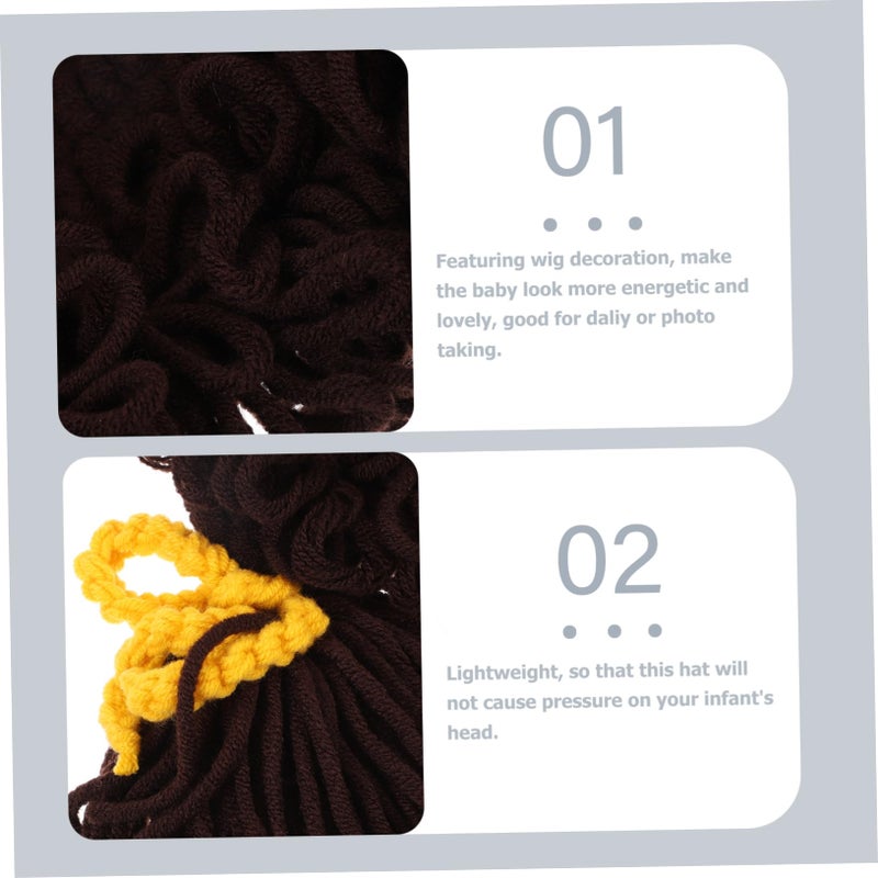 Winter Knit Hat with Wig Decoration Soft Warm Beanie for Boys Daily Wear Coffee Color - Image 5