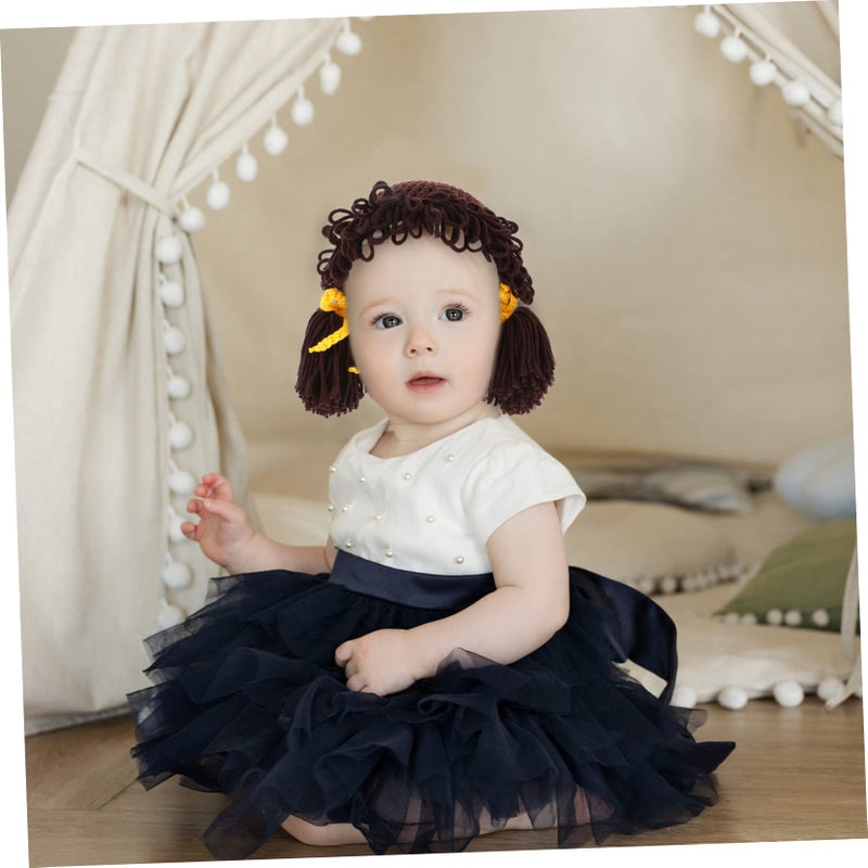 Winter Knit Hat with Wig Decoration Soft Warm Beanie for Boys Daily Wear Coffee Color - Image 4