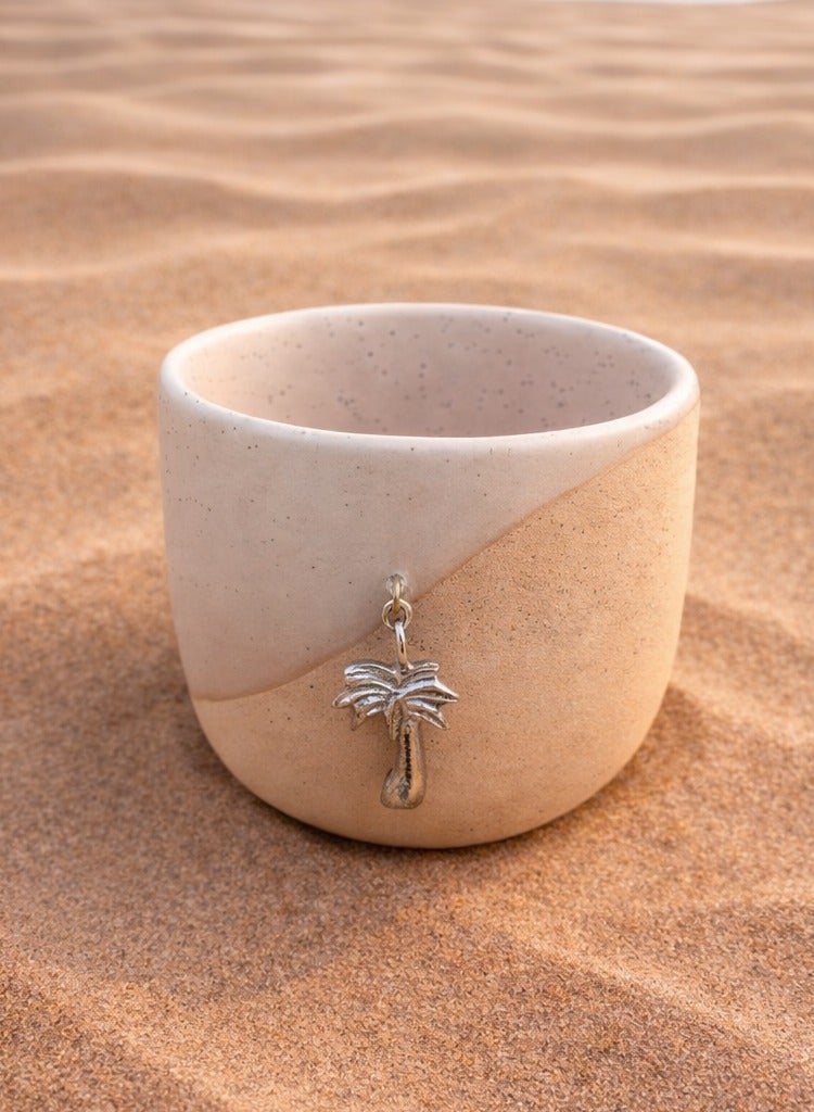 Tohfa Luxe Arabian Handmade Ceramic Cup with Silver Palm Brass Charm – Matte Sand & White Dual-Tone Coffee & Tea Cup – UAE Designed Artisan Souvenir – 6.5 x 8 cm