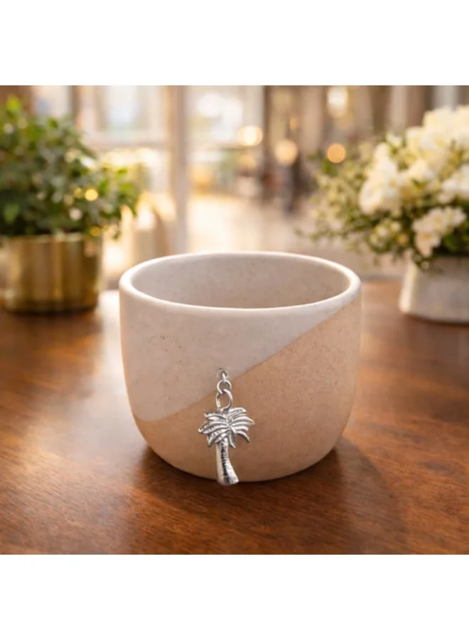 Tohfa Luxe Tohfa Luxe Arabian Handmade Ceramic Cup with Silver Palm Charm – Matte Sand & White Dual-Tone Coffee & Tea Cup – UAE Designed Artisan Souvenir – 6.5 x 8 cm