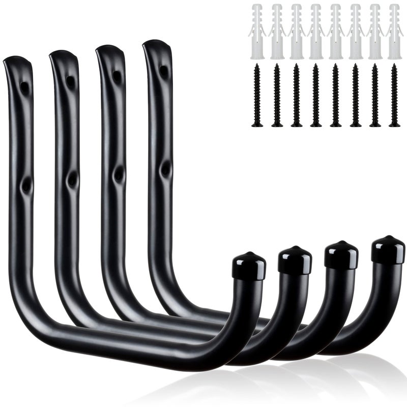 KURUI Wall Hooks for Garage Garden, 4 Pack Water Hose Holder, Large Garage Storage Hanger for Ladder Bike Extension Cord Tool, Wall Mount l Hooks, Black Heavy Duty 8 inch Long Hook - Image 1