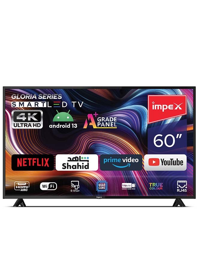 Impex 60 Inch 4K UHD Smart LED TV - Latest Android Version, Quad Core, A+ Panel, Wi-Fi, 3 HDMI, 2 USB, RJ45, DVB-T2, 3840x2160 Resolution, 176° View, Slim Design, 2 Year Warranty - GLORIA 60 UHD SMART, Black GLORIA 60 UHD SMART Black - Image 2