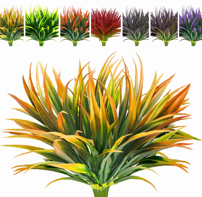 AUMVEYI 8pcs Artificial Fall Flowers Outdoor Decoration Fake Fall Plants Outdoor Faux Yellow Grass UV Resistant Bushes  Shrubs for Autumn Winter Front Porch Pathway Patio Yard Orange