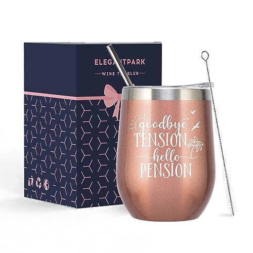 ELEGANTPARK Retirement Gifts for Women Men 2025 Retirement Wine Tumbler Goodbye Tension Hello Pension Gifts for Retired Friends Teacher Coworkers Tumbler with Lid and Straw