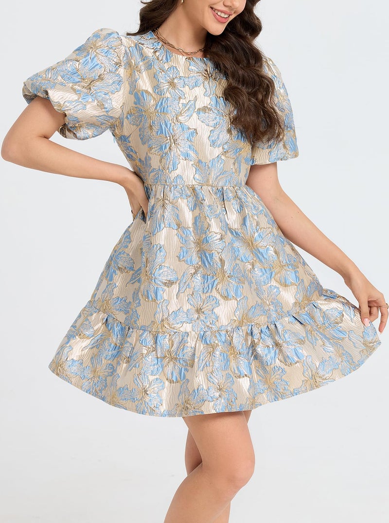 Ladyful Women's Floral Jacquard Mini Dress Short Puff Sleeve Tiered Babydoll A-Line Dress Elegant Shiny Party Outfits Blue - Image 3