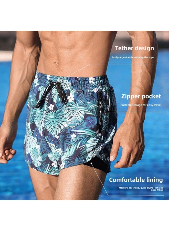 Loquat Swimming Trunks Men's 2023 Loose Swimming Trunks Professional Double Layer Anti-embarrassment Swimsuit Beach Trunks Swimming Set Equipment-Color:Green Leaves Goggles Swimming Cap Nose Clip Earplug- - Image 3
