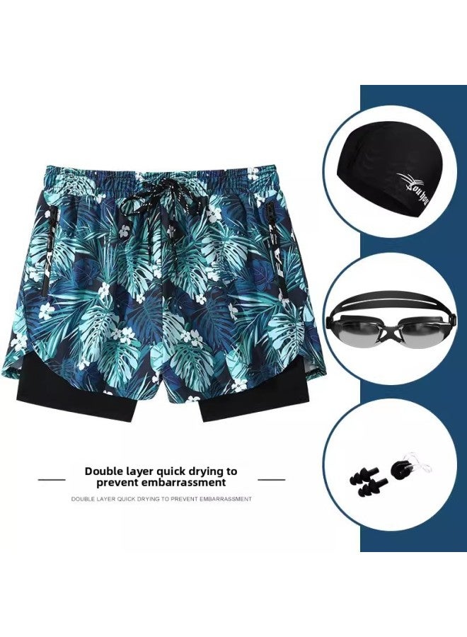 Loquat Swimming Trunks Men's 2023 Loose Swimming Trunks Professional Double Layer Anti-embarrassment Swimsuit Beach Trunks Swimming Set Equipment-Color:Green Leaves Goggles Swimming Cap Nose Clip Earplug- - Image 1