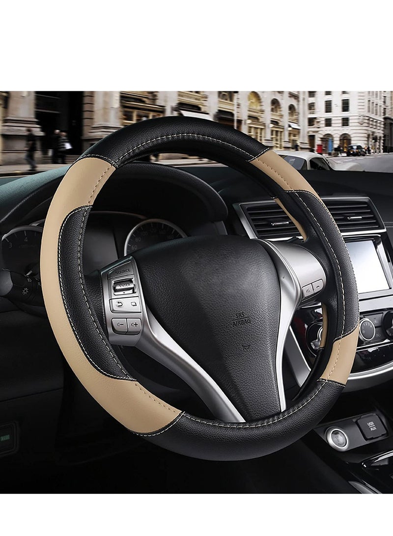 PU Leather Steering Wheel Cover Anti-Slip Car Steering Wheel Protector Breathable Sweat Absorbent Sport for Diameter 38cm 15 Inch (Black/Beige) - Image 1