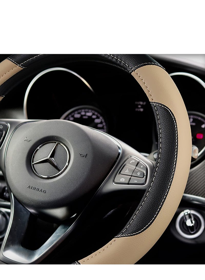 PU Leather Steering Wheel Cover Anti-Slip Car Steering Wheel Protector Breathable Sweat Absorbent Sport for Diameter 38cm 15 Inch (Black/Beige) - Image 3