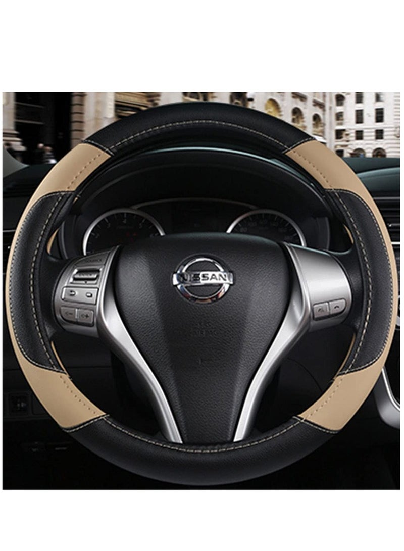 PU Leather Steering Wheel Cover Anti-Slip Car Steering Wheel Protector Breathable Sweat Absorbent Sport for Diameter 38cm 15 Inch (Black/Beige) - Image 4