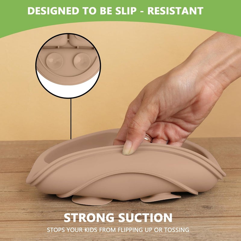 PEEPER Suction Plates for Baby & Toddlers - 100% Silicone Plate for Kids, Divided Design for Picky Eaters, Kids Plates for Food, Microwave & Dishwasher Friendly Baby Plates (Brown) - Image 3