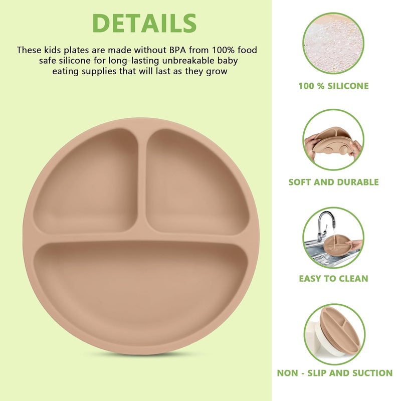 PEEPER Suction Plates for Baby & Toddlers - 100% Silicone Plate for Kids, Divided Design for Picky Eaters, Kids Plates for Food, Microwave & Dishwasher Friendly Baby Plates (Brown) - Image 2